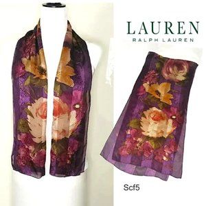 LAUREN RALPH LAUREN 100% Silk Scarf Oblong Purple Pink Taupe Green Floral Print